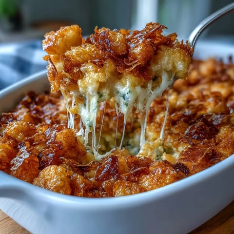 Funeral potatoes with crispy cornflake and cheddar crust in a golden-baked casserole dish, cheesy and comforting for family gatherings.