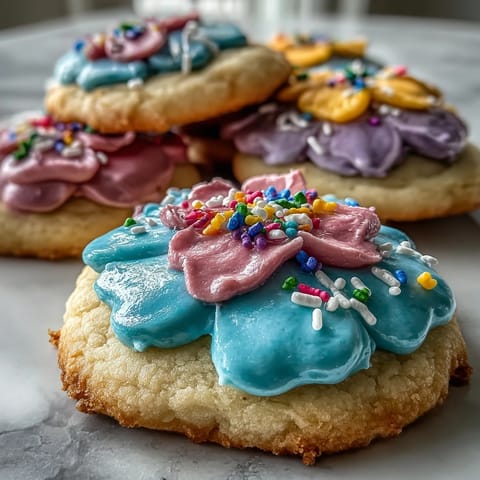 Baby in Bloom Flower Cookies with Pastel Icing in soft pink, yellow, and lavender shades, arranged on a floral platter for a spring baby shower.