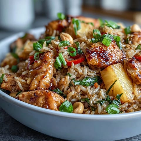 Vibrant Hawaiian pineapple chicken fried rice with juicy pineapple chunks, tender chicken, and colorful vegetables in a savory sauce.