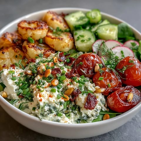 Vibrant Savory Cottage Cheese Breakfast Bowl with colorful veggies, herbs, and olive oil for a healthy start.