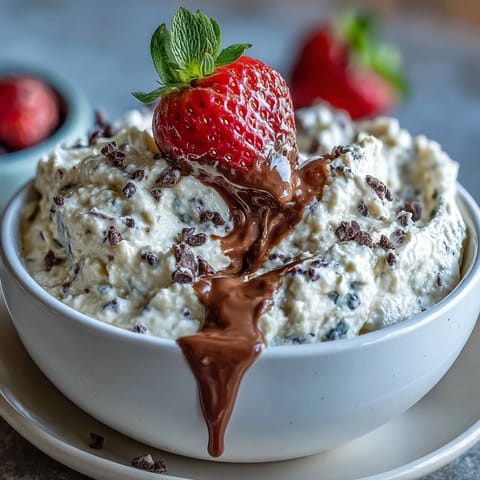 Creamy cottage cheese cookie dough dip with mini chocolate chips served alongside fresh strawberries and apple slices.  