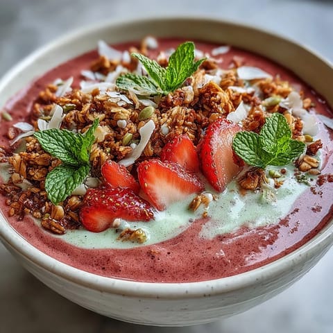 Vibrant strawberry matcha latte smoothie bowl with creamy matcha base, fresh strawberries, crunchy granola, and coconut flakes for a nourishing breakfast.
