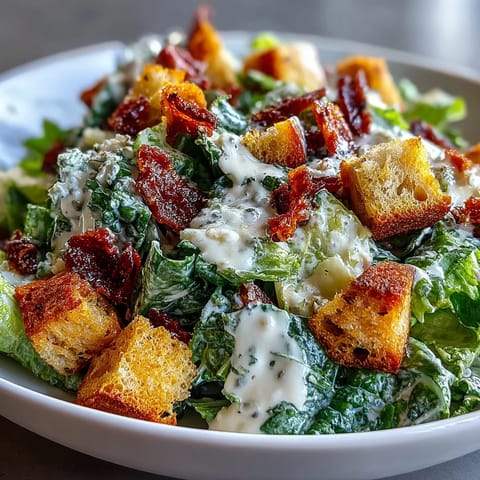 Crisp celery and romaine salad with crunchy homemade croutons and shaved Parmesan in creamy Caesar dressing.