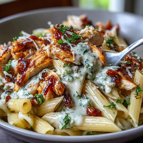 Creamy Crockpot Mississippi Chicken Pasta in a slow cooker with tender shredded chicken and tangy pepperoncini peppers.