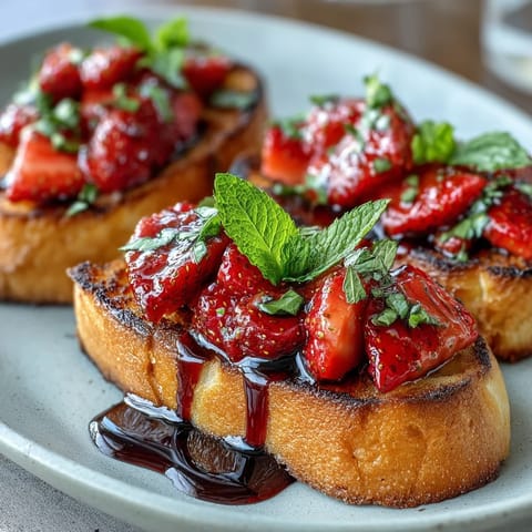 Fresh strawberry bruschetta with balsamic and mint, toasted baguette topped with juicy berries, fragrant herbs, and tangy glaze.
