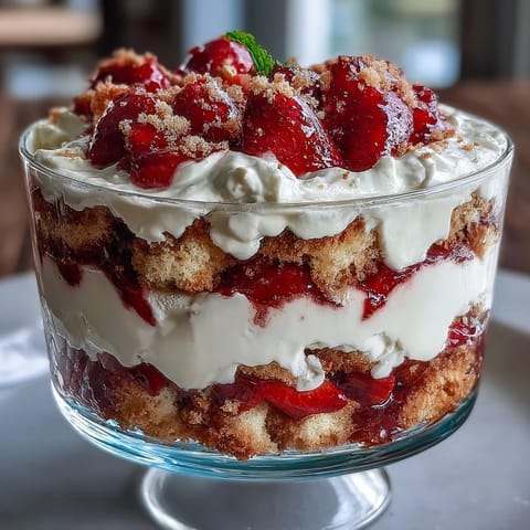 Beautiful Mothers Day strawberry shortcake trifle with golden shortcake cubes, fresh juicy strawberries, and clouds of whipped cream in a clear glass bowl.