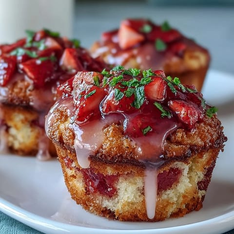 Golden muffins bursting with juicy strawberries and zesty lemon, drizzled with a sweet-tart citrus glaze for extra flavor.