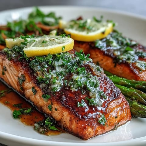 Pan-seared salmon with asparagus in a rich garlic butter sauce, topped with fresh thyme and lemon slices for a bright, savory dinner.