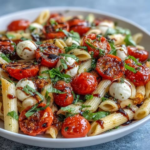 Caprese-style summer pasta salad with cherry tomatoes, fresh mozzarella, and fragrant basil, perfect for warm-weather meals.