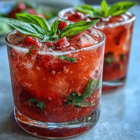 Vibrant strawberry basil mocktail with fresh fruit, fragrant herbs, and sparkling water in a tall glass.