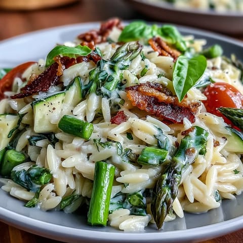 Vibrantly colored Spring Orzo Primavera bursting with zesty lemon and fresh spring vegetables.