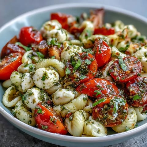 Fresh Caprese Pasta Salad showcasing creamy mozzarella and bright basil pesto.