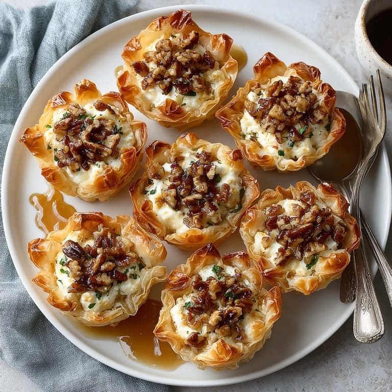 Close-up of baked Maple Pecan Brie Phyllo Cups showing the melted brie inside.