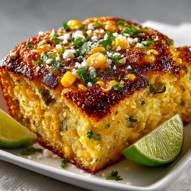 Warm, cheesy Elote-Style Cornbread casserole, a Mexican-inspired comfort food side dish.