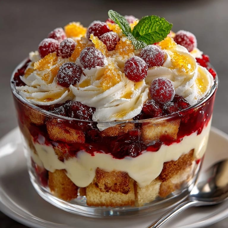 A festive Cranberry Orange Trifle with sugared cranberries; creamy, tangy, and delicious.