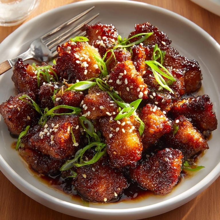 Homemade Sticky Ginger Sesame Chicken recipe ready to eat, garnished with scallions and sesame.