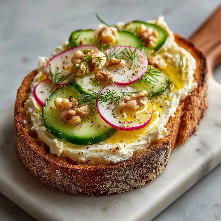 Golden Butter Board appetizer with radiant swirls of savory toppings, cucumber, and radish.