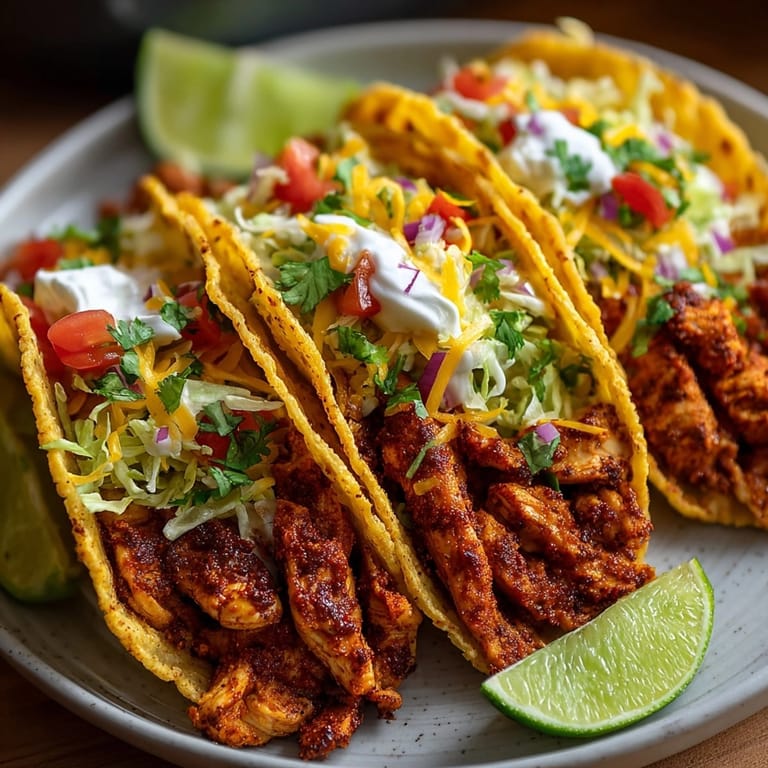 Close-up of savory Quick Chicken Tacos with cool sour cream and zesty lime.