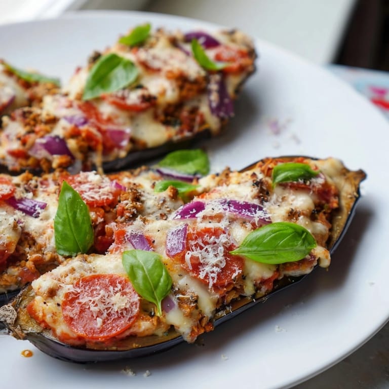Roasted Protein Eggplant Pizza Boats with bubbling mozzarella, ready to serve for dinner.