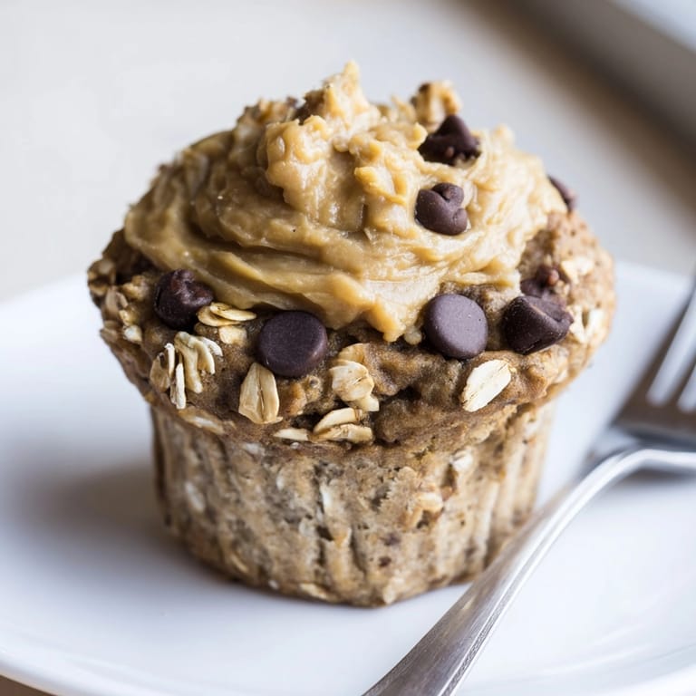 Close-up of a freshly baked Peanut Butter Banana Oat Muffin, soft and crumbly.