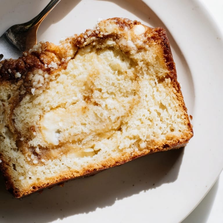 Close-up of moist Ricotta Vanilla Bean Bread showing vanilla bean seeds and textured crust.