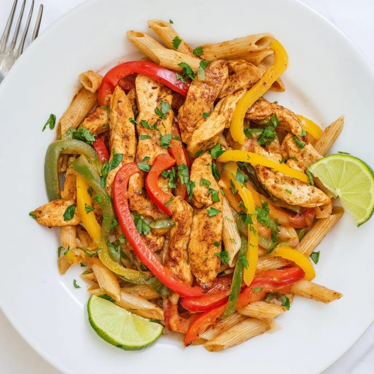 Rich Alfredo Chicken Fajita Pasta: savory chicken, soft peppers, and creamy sauce.