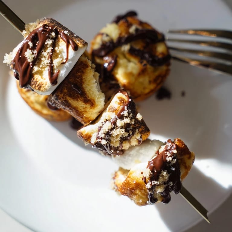 Delicious layers of pumpkin pancake muffins, creamy cheesecake, and toasted marshmallows skewered together.  