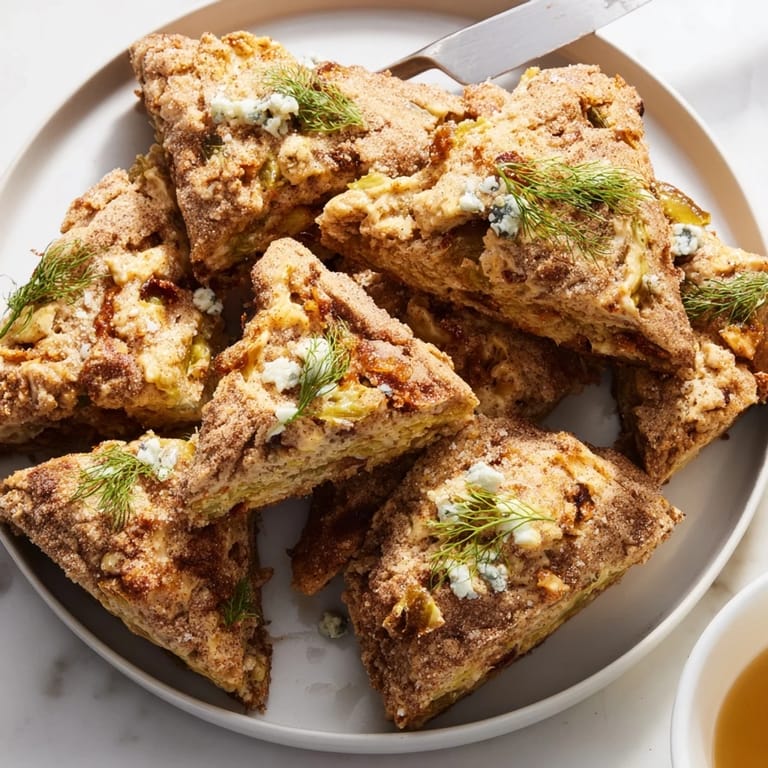 Warm, fluffy Dill Pickle Buffalo Ranch Churro Cake Scones served with ranch dip.