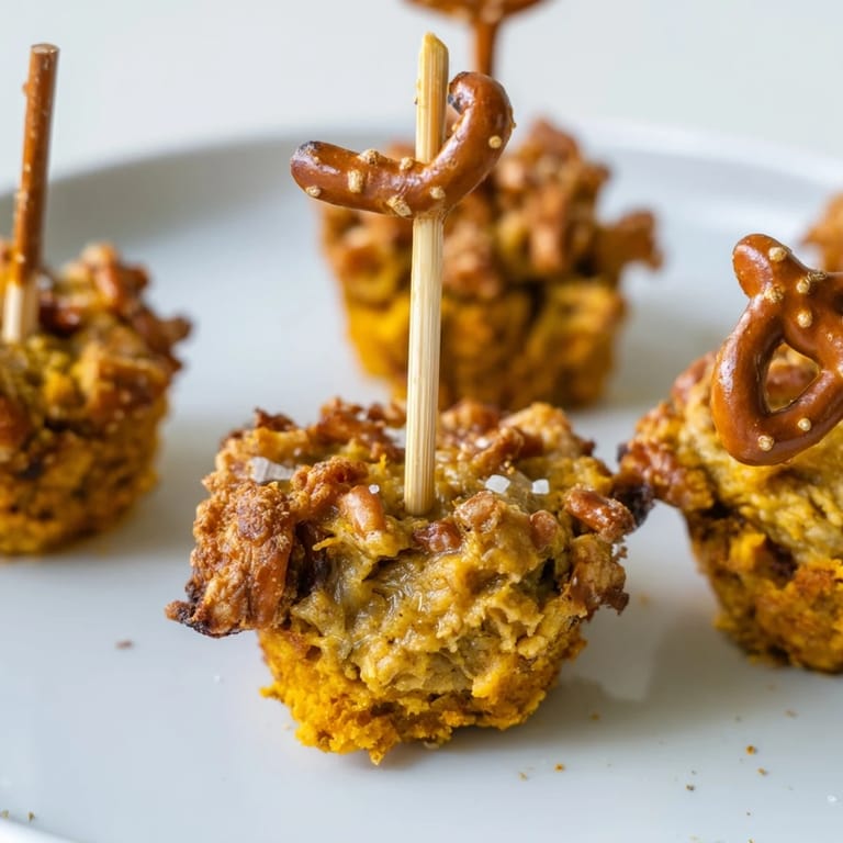 Savory sweet Cheesy Pretzel Chai Pumpkin Muffin Pops topped with crunchy pretzels and cheese.