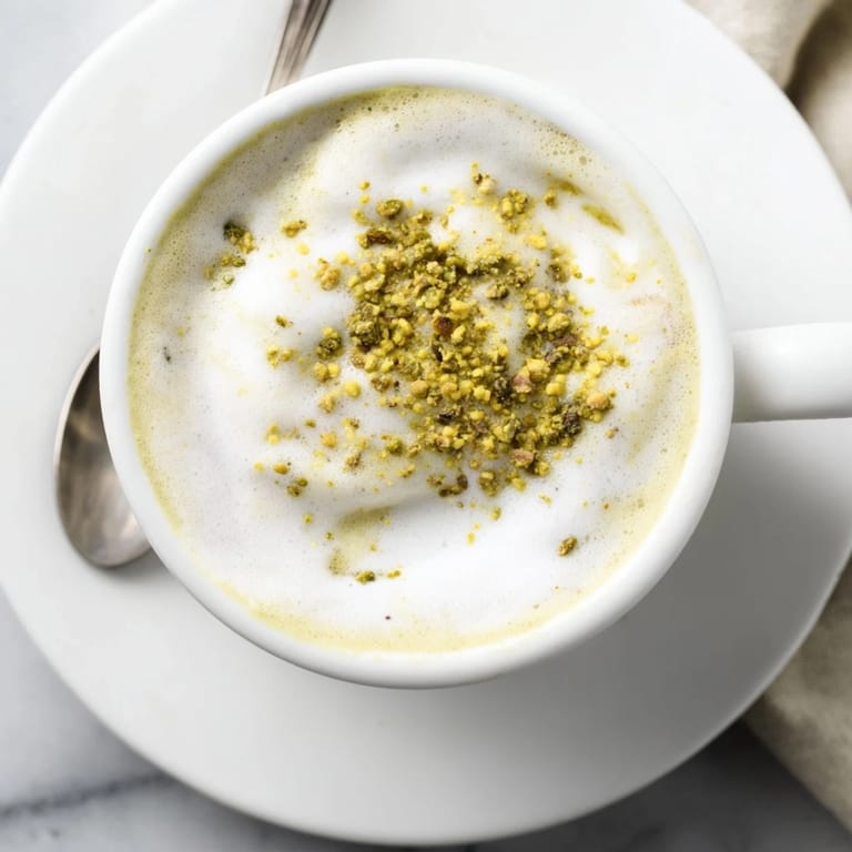 Warm homemade pistachio milk latte, infused with espresso and garnished for flavor.  