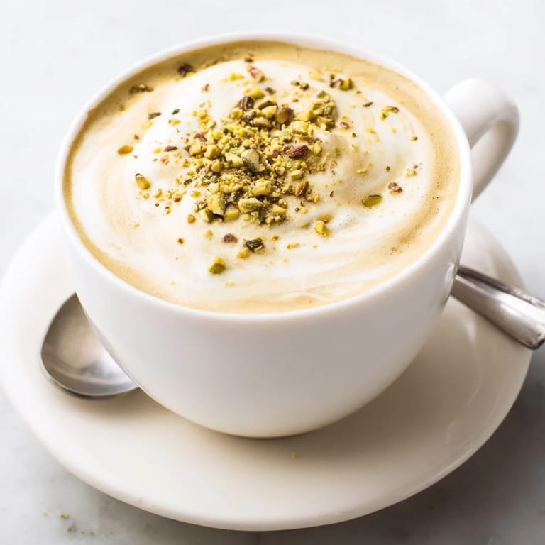 Nutty pistachio milk latte served hot, perfect for cozy mornings or coffee breaks.