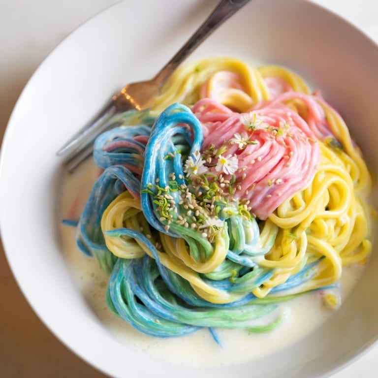 Whimsical Neon Noodle Cloud dish garnished with scallions, sesame seeds, and edible flowers.