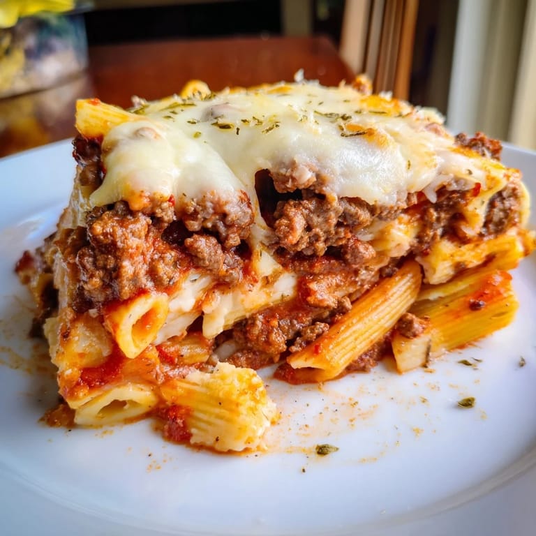 Comforting Cheesy Beef & Penne Bake, featuring rich layers of ground beef and pasta.