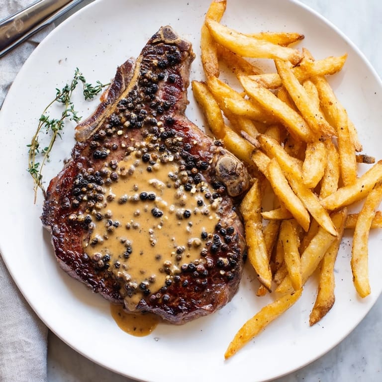Sizzling Classic Peppercorn Ribeye steak, beautifully seared, paired with golden, crunchy fries.  