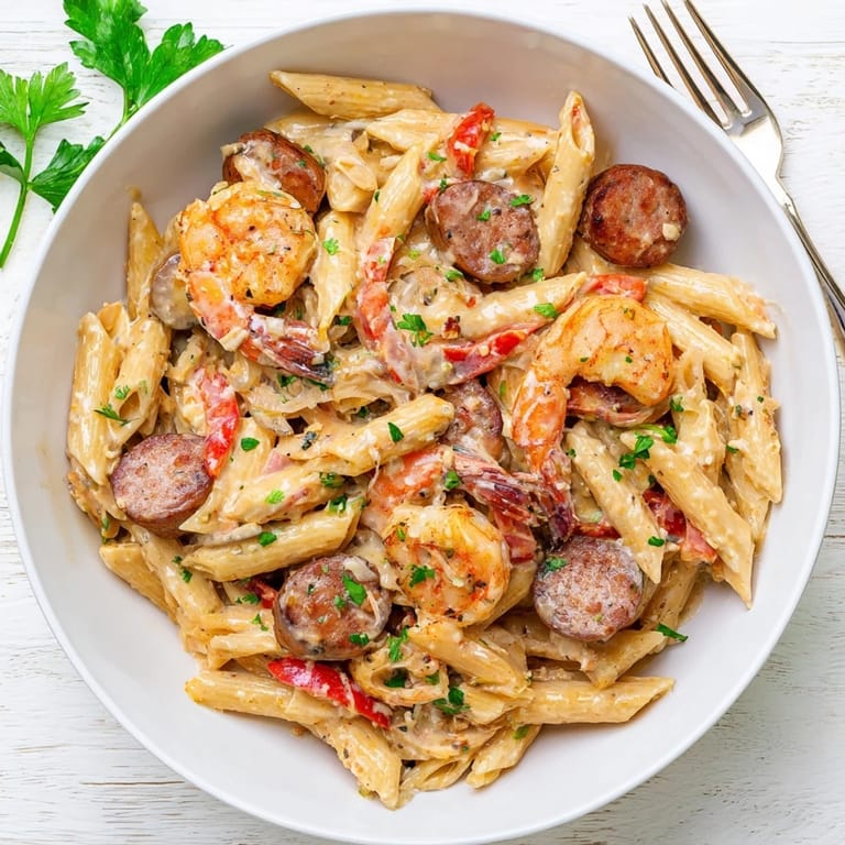 Delicious Cajun Sausage & Shrimp Alfredo Pasta Skillet served warm in a large skillet.  