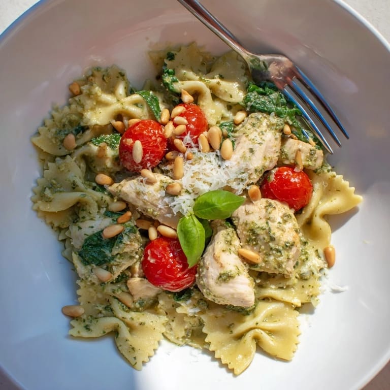 Enjoy Pesto Chicken Bowtie Pasta topped with fresh basil and toasted pine nuts.  