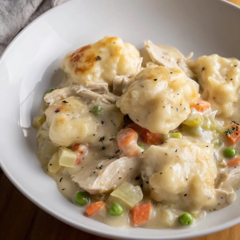 Warm, hearty Chicken and Dumplings Casserole, showcasing tender chicken and vegetables topped with dumplings.