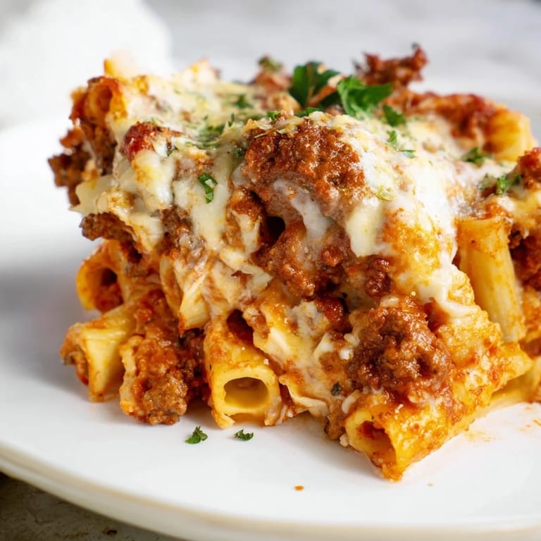 Delicious baked ziti with meat sauce, loaded with melted mozzarella and ready for a hearty meal.