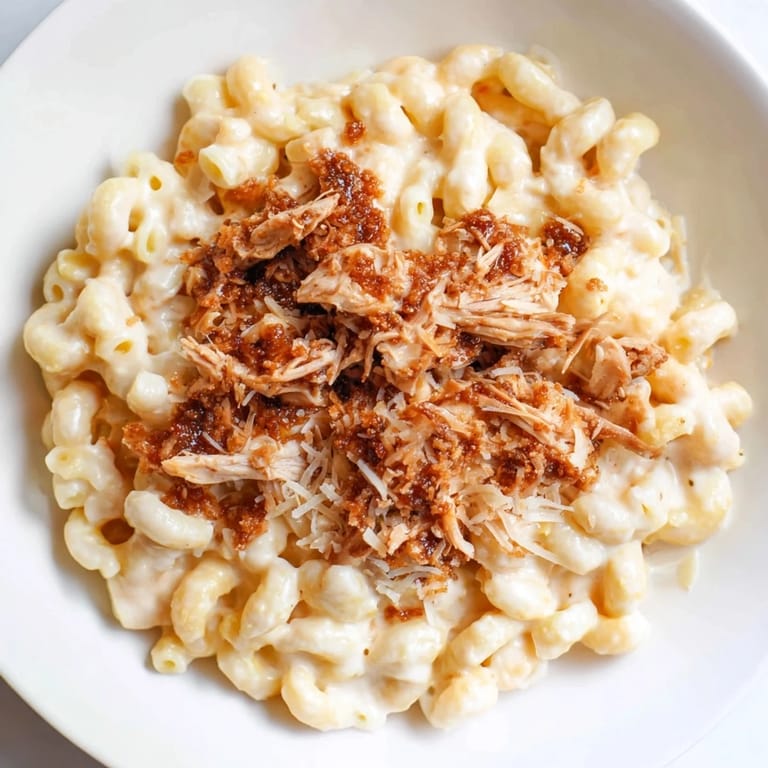 Warm, creamy Classic Mac & Cheese with BBQ Chicken, a delightful main course featuring tender, smoky chicken.