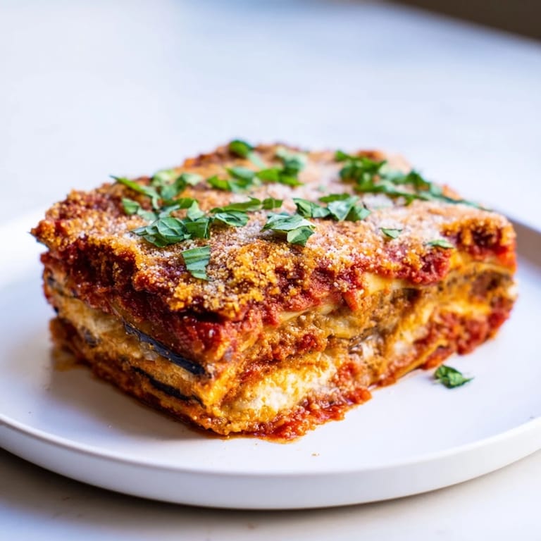 Deliciously cheesy, filling Eggplant Parmesan Lasagna with crispy edges, ready to be served and enjoyed.