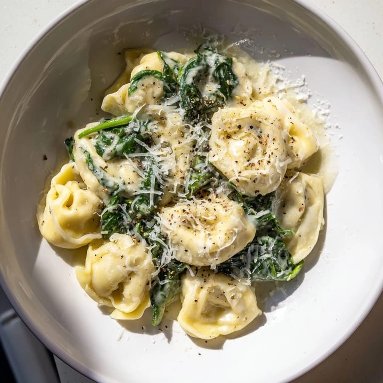 Serving suggestion: Enjoy warm creamy spinach Alfredo tortellini with garlic bread and a fresh salad.