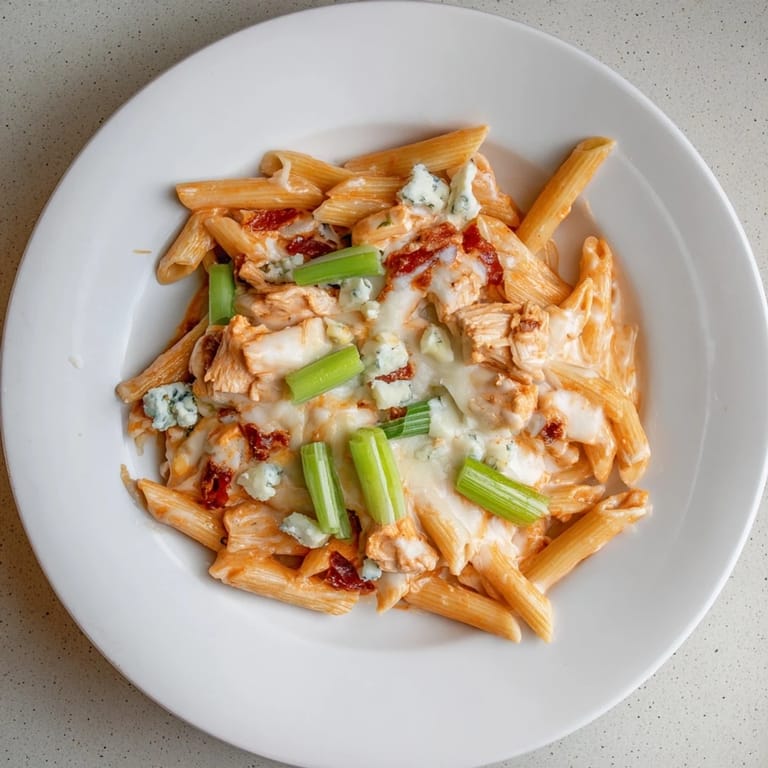 A close-up view reveals a bubbling Buffalo Chicken Pasta skillet with a vibrant, flavorful sauce and fresh herbs.