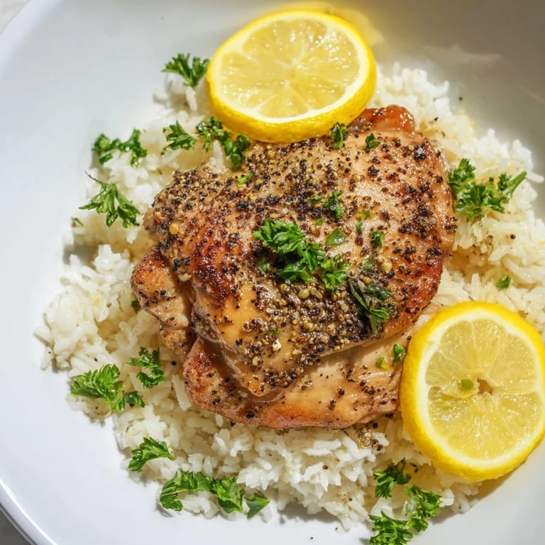 Golden-brown Lemon Pepper Chicken breasts resting on perfectly cooked rice, ready to enjoy.