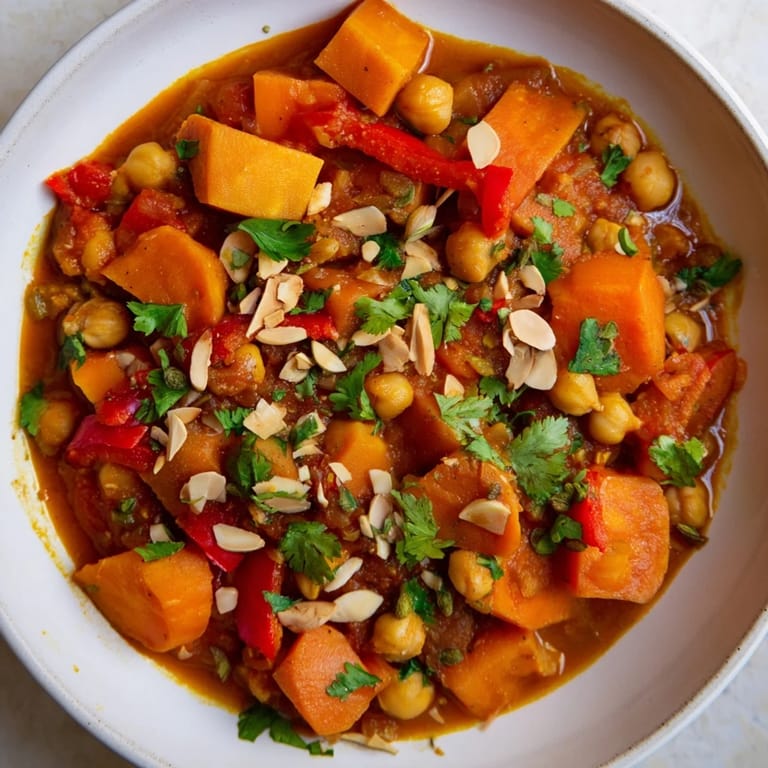 Warm, flavorful Moroccan Chickpea & Sweet Potato Tagine garnished with fresh herbs and toasted almonds, a vegan delight.