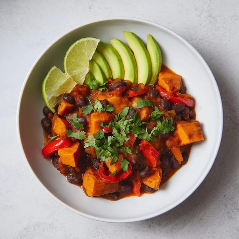 A colorful close-up of the flavorful Sweet Potato & Black Bean Chili simmering in a large pot.
