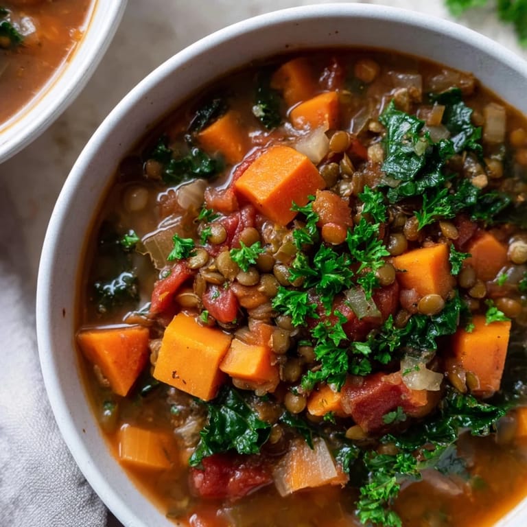 Delicious Winter Vegetable & Lentil Soup, a vibrant vegan dish ready to serve with crusty bread.