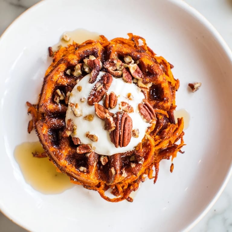 A stack of fluffy Sweet Potato Waffle Hack inviting you to taste the wholesome, sweet breakfast.