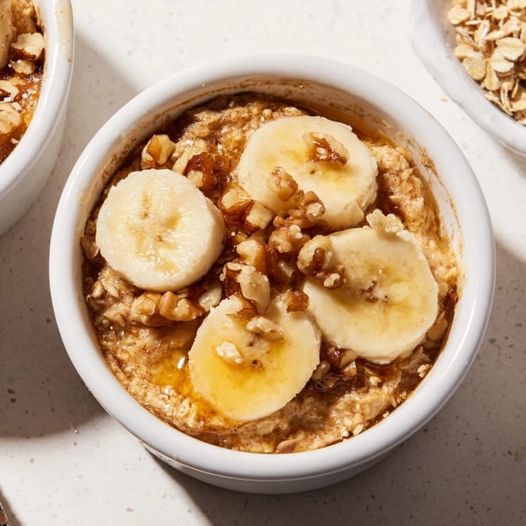 Individual Baked Oats Ramekins with warm bananas, perfectly set, offering a rich and comforting breakfast.