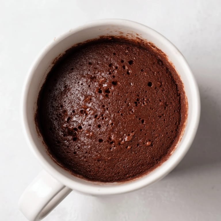 A close-up shot of a fluffy, warm microwave mug cake topped with whipped cream.