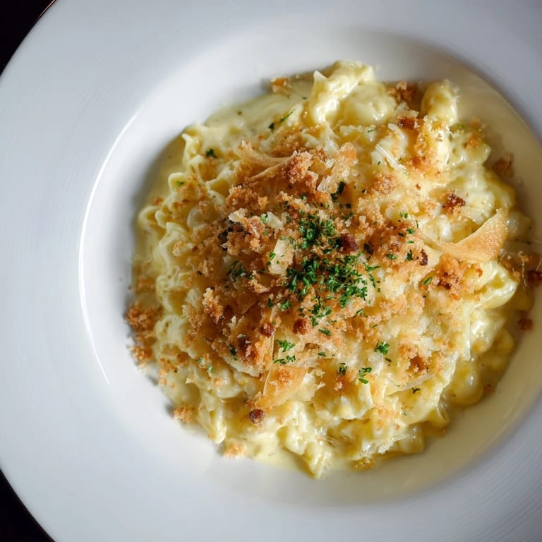Enjoy a close-up of sheet pan mac and cheese, topped with crispy bacon and herbs, ready to serve.